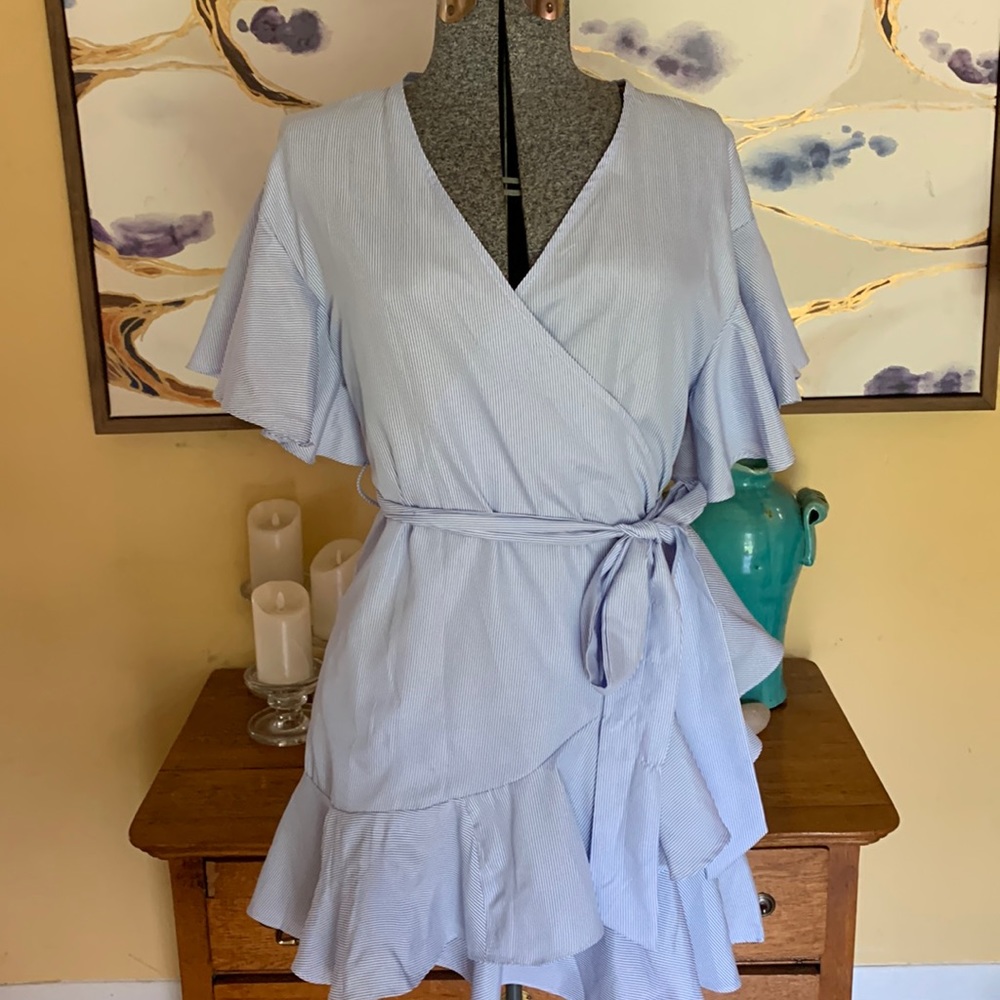 Blue and white striped ruffle wrap dress